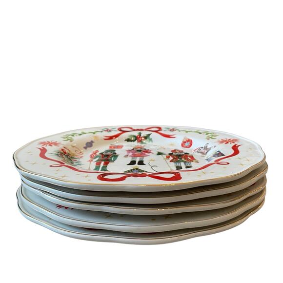 Christmas NUTCRACKER RED BOW Dinner Plates 11" Ceramic Set of 5 Dwell Essentials - Picture 4 of 14